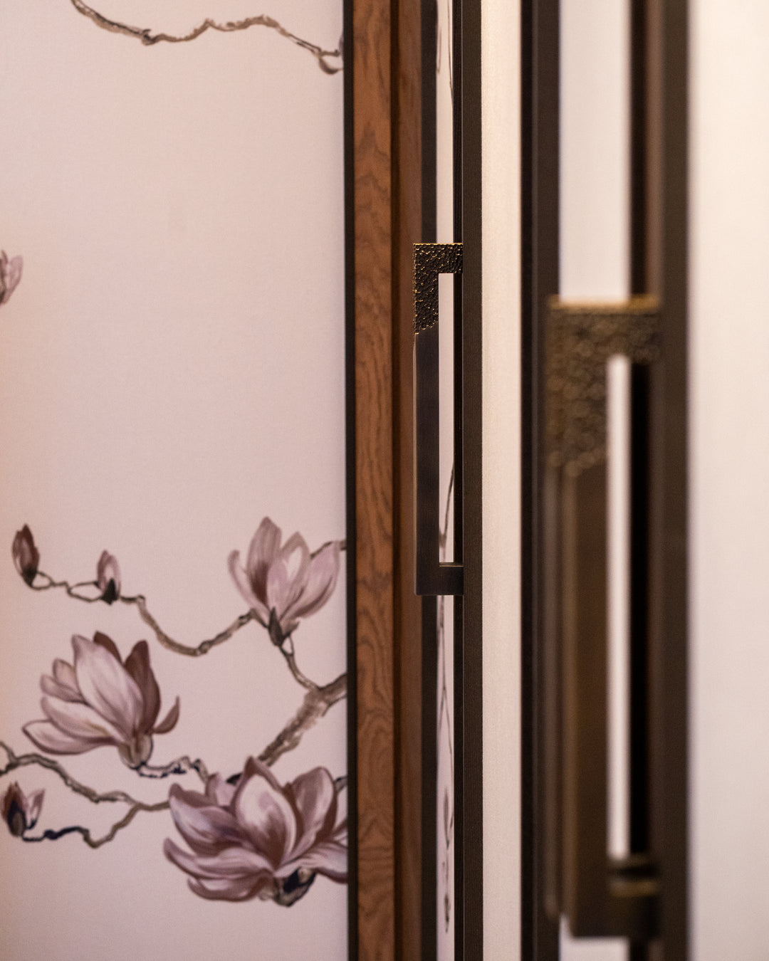 Decorative screen with floral design and wooden frame