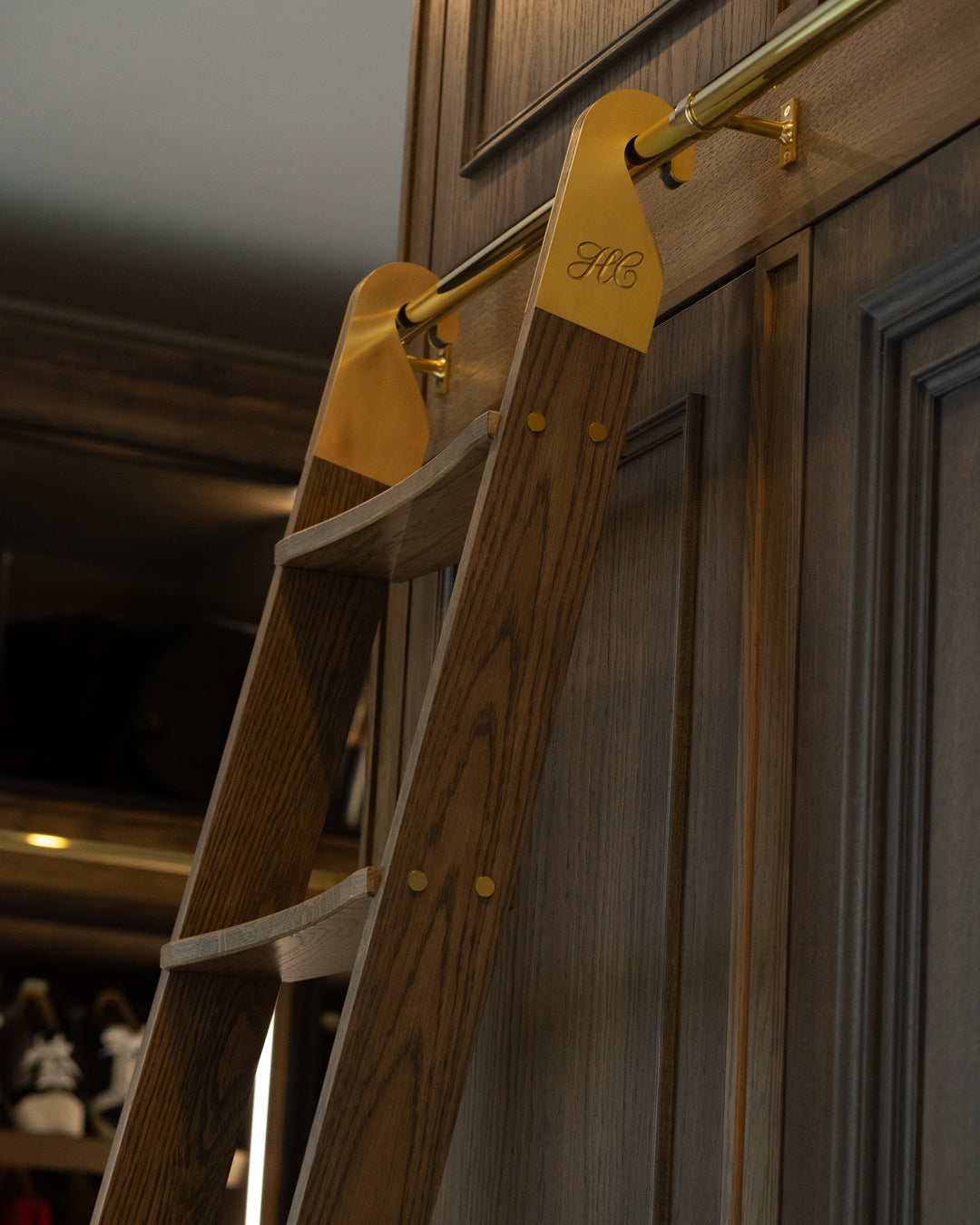 Bespoke wardrobe ladder with HC stamp engraved into the brass