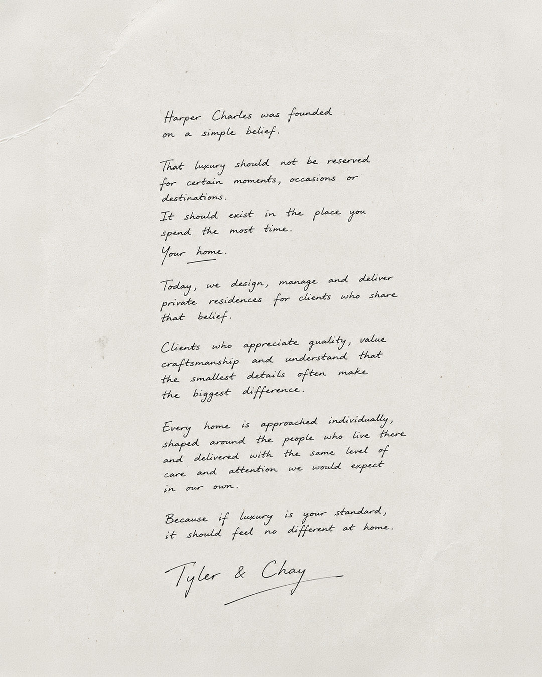 Founders' letter outlining the Harper Charles philosophy and approach to luxury interior design